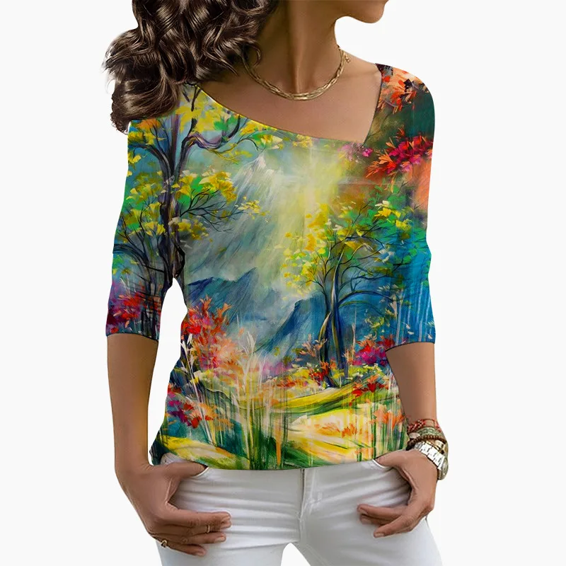 

3D Hand Painted Women Print T Shirts Spring 2022 New Long Sleeve Loose Female Tops Tee Casual Skew Collar Tshirt Fashion Clothes