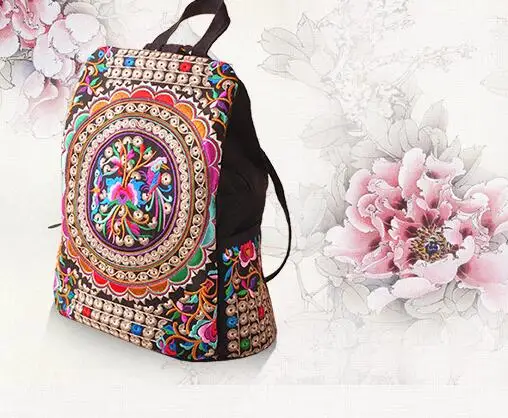 1pcs/lot Vintage Embroidery Ethnic Canvas Backpack Women Handmade Flower Embroidered Travel Bags