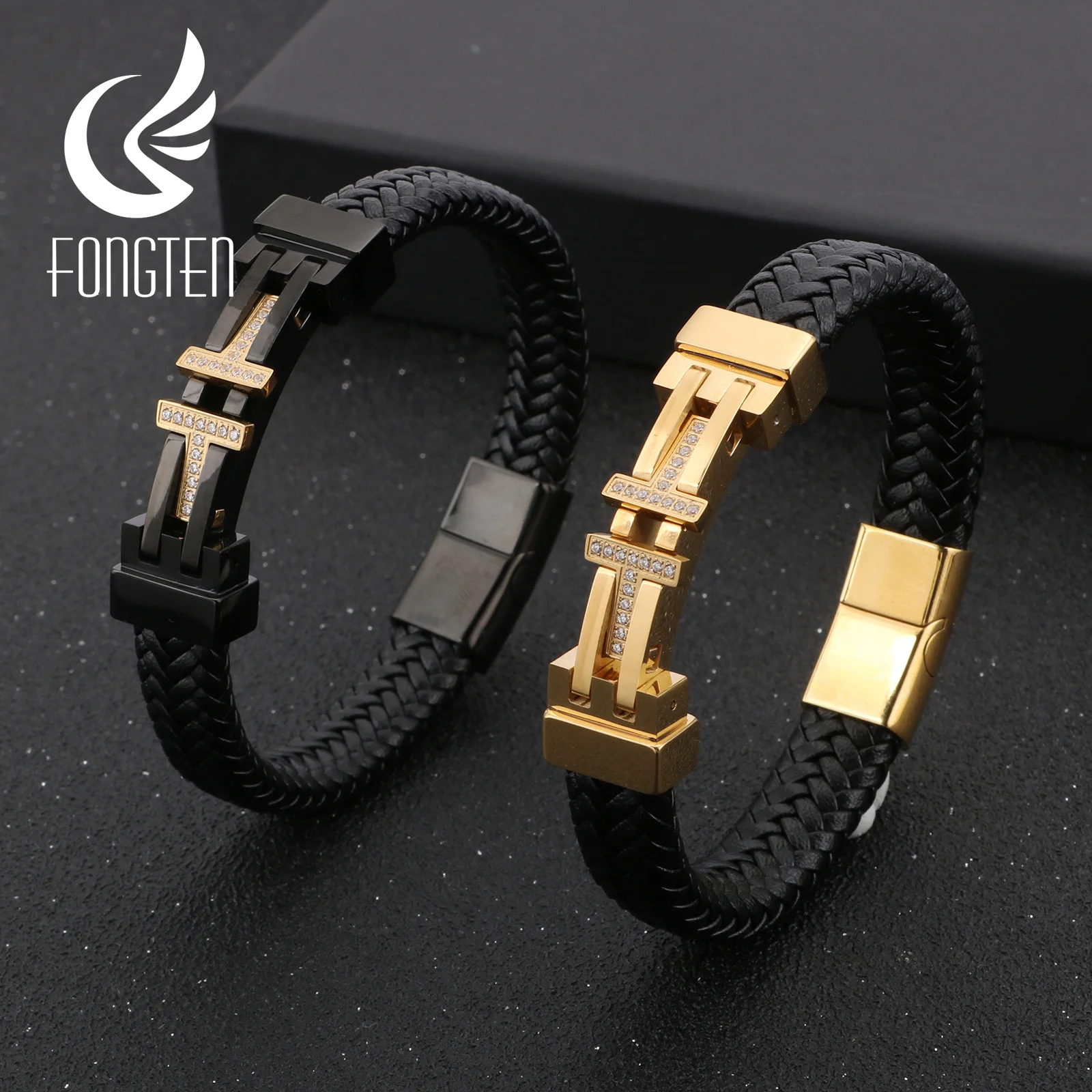 

Мужской кожаный браслет Fongten, черный плетеный браслет с магнитной застежкой из нержавеющей стали в стиле панк, 2019