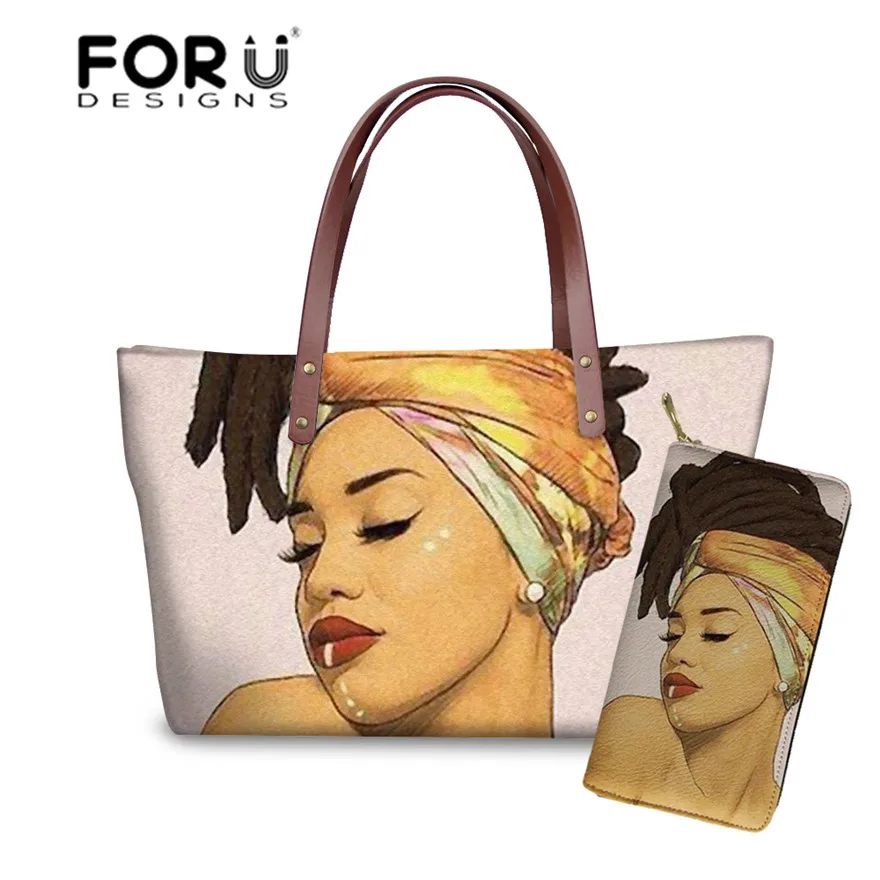 YQ3501ALZ21 FORUDESIGNS бренд класса люкс дизайн Сумки женский, черный арт в африканском стиле, для девочек, 2 предмета в наборе, шт./компл. ручная сумка& кошелек женские сумки с верхней ручкой - Цвет: YQ3501ALZ21