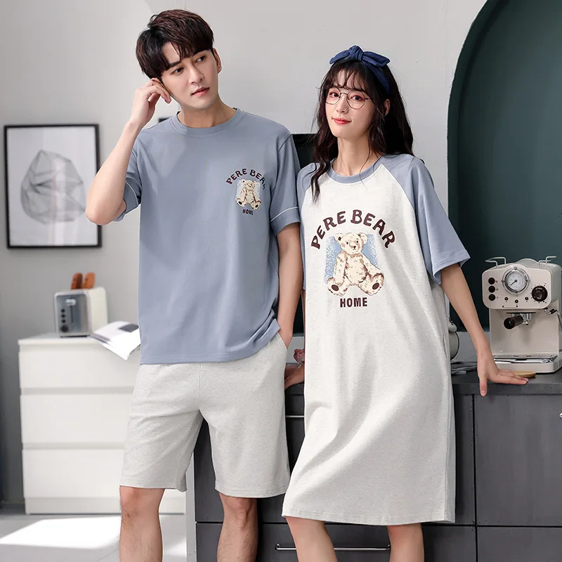 Couple Pajamas Cotton Short Sleeve Nightwear Summer New High-end Men's Women's Nightgown Home Wear Suit Large Sleepwear