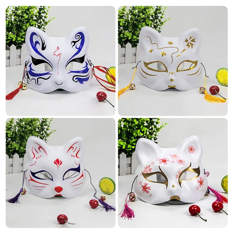 

Japanese Animal Cat Half Face Mask with Tassels Small Bells Hand-Painted Cosplay Anime Party Costume Masquerade Festival Facny