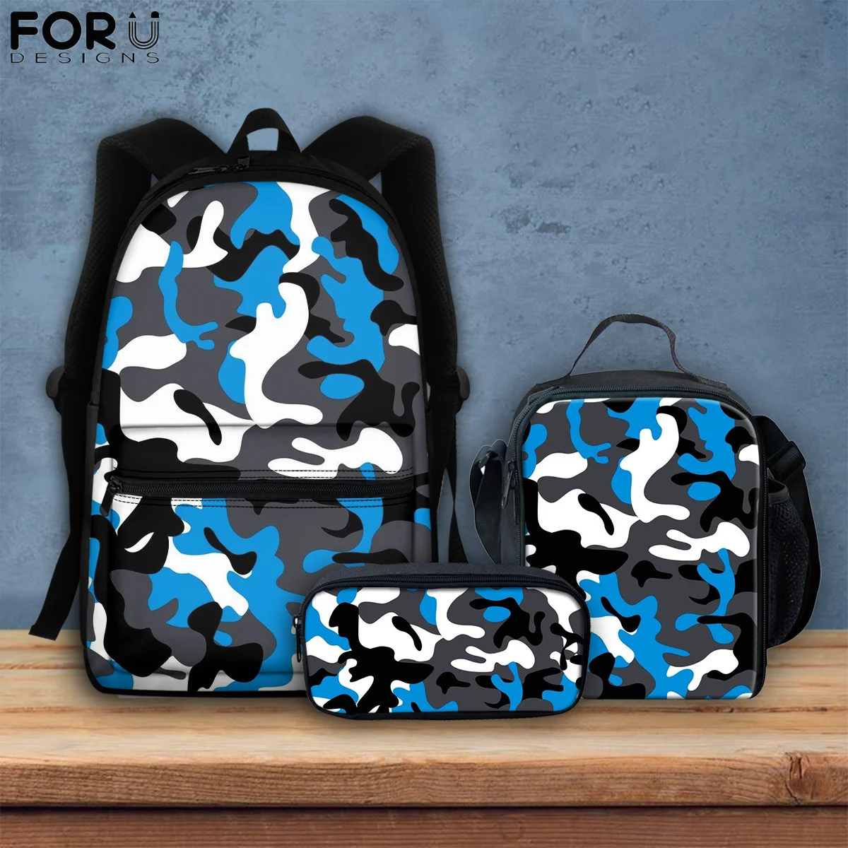 

Комплект школьных сумок FORUDESIGNS для подростков, синие камуфляжные дизайнерские рюкзаки, Детские книжные сумки, сумки для книг и ланча