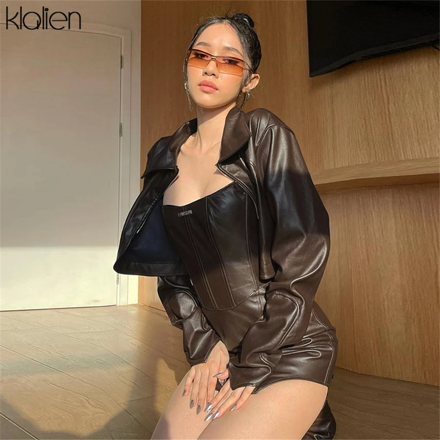 KLALIEN Fashion Casual Turn-down Collar Zipper Slim PU Leather Coat For Women Streetwear Short Jacket Solid Black Y2K Clubwear