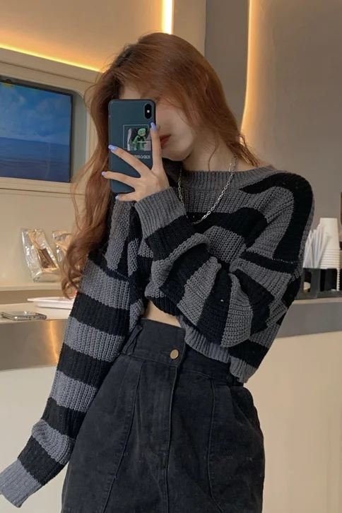 

Hong Kong Style Vintage Stripe Short BM Sweater Top Women's Korean-Style Autumn Versatile Long Sleeve Sweater