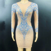 shining diamond see though short dress women tight stretch birthday celebrate party stage wear nightclub performance outfit