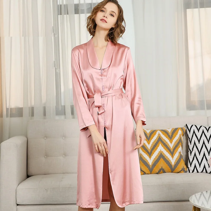 

Women Silk Bath Robes Home wear Summer Spring 2020 Pink Long Sleeve Lady Silk Robe Sleepwears Homewear XL