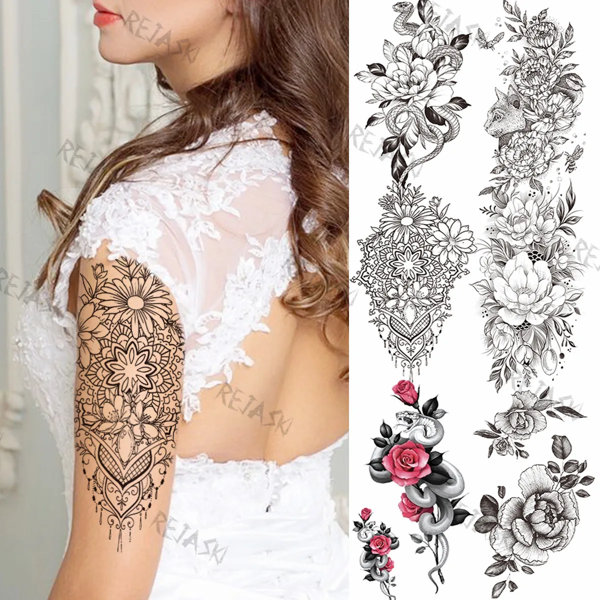 

Large Black Daisy Sunflower Mandala Flower Temporary Tattoos For Women Girl Realistic Fake Tattoo Rose Peony Lotus Henna Tatoos