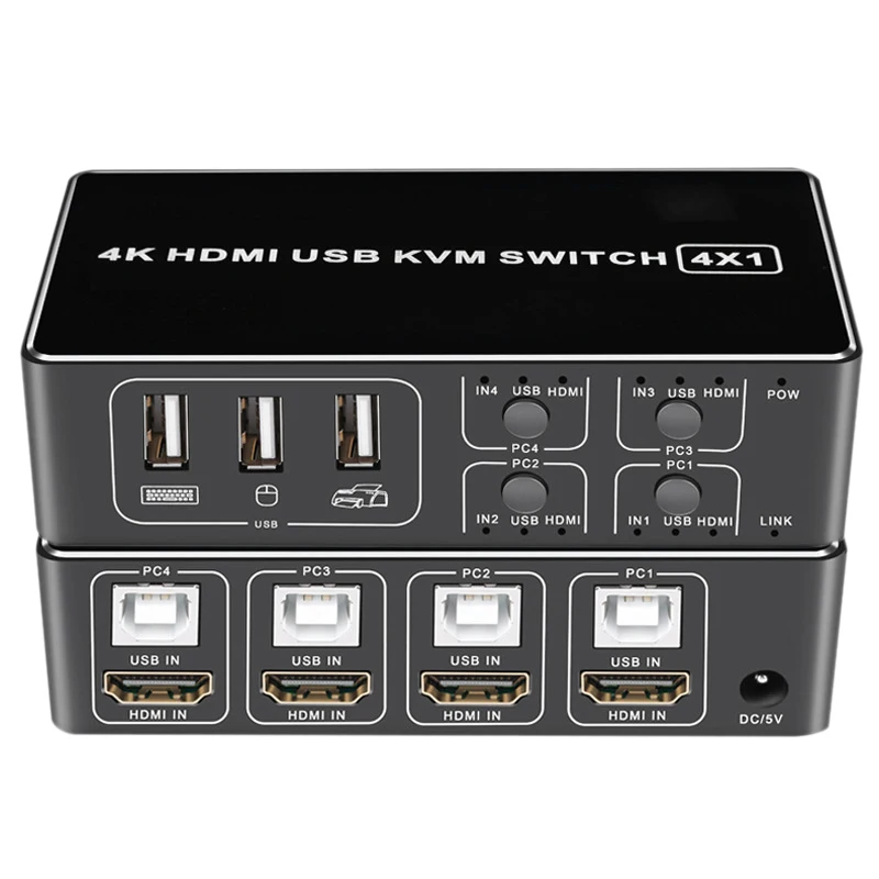 

4K HDMI KVM Switch 4In 1Out USB HDMI1.4 KVM Switcher Splitter with Cable for Keyboard Mouse Printer Monitor