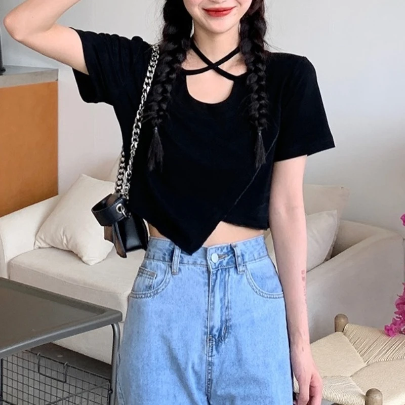 

Korean Fashion Bandage Design Black Tops Women Short Sleeve Slim Sexy Tshirts Femaels 2021 Summer Y2k Vintage Casual Clothes