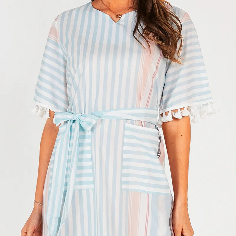

2021 ZANZEA Spring Round Neck Short Sleeve Long Shirt Dress Elegant Fashion Women Striped Sundress Kaftan Belted Lace Vestidos