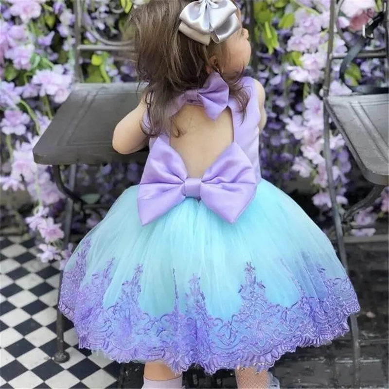 Cute Purple Baby Infant Girls Birthday Dresses Bow Lace Backless Toddler Flower Girl Dress Kid Clothes