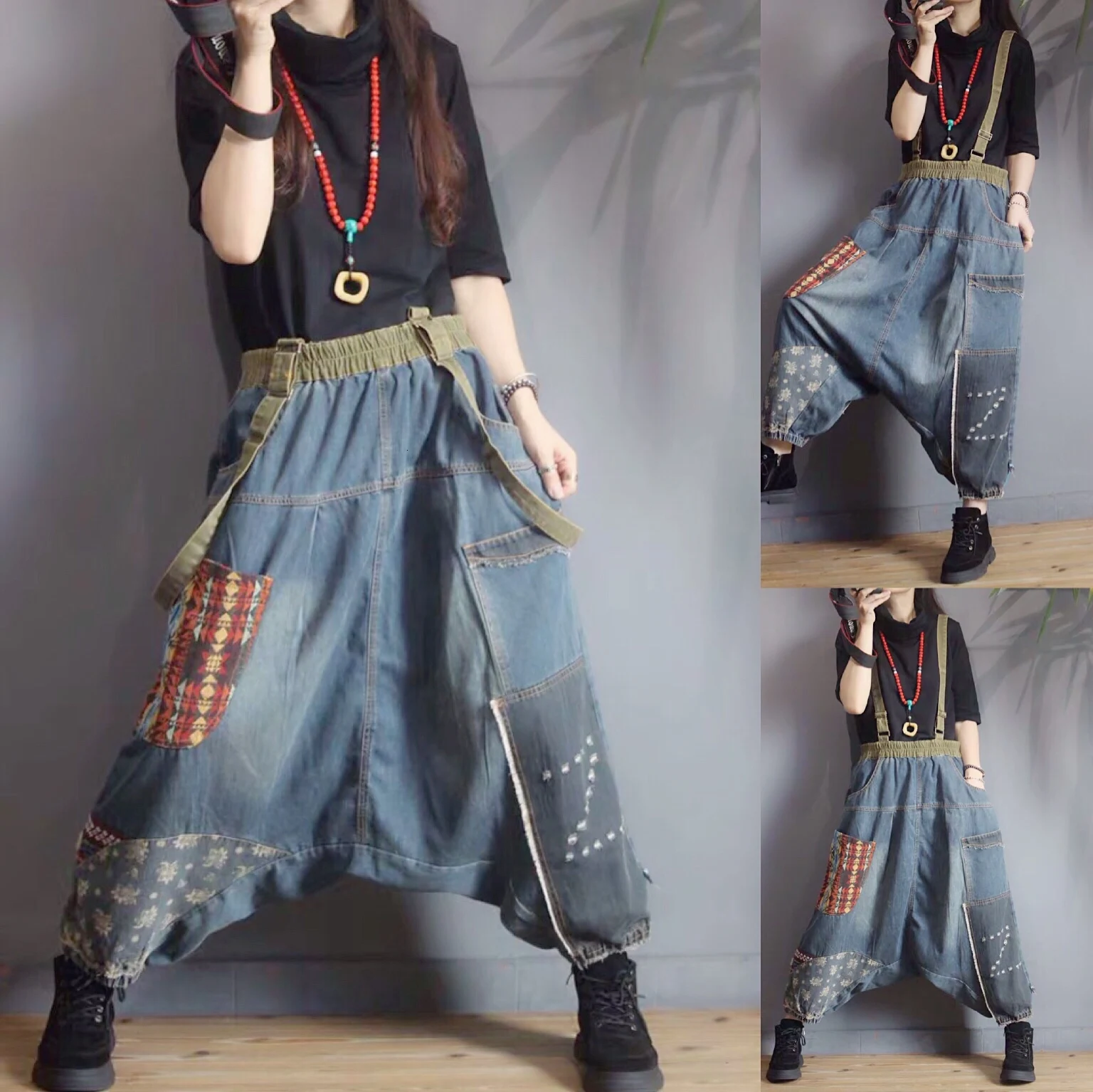 Женские Мешковатые джинсовые штаны с низким шаговым швом лоскутные широкие