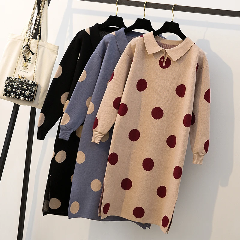 2019 осенне зимняя женская одежда большого размера трикотажное платье поло с