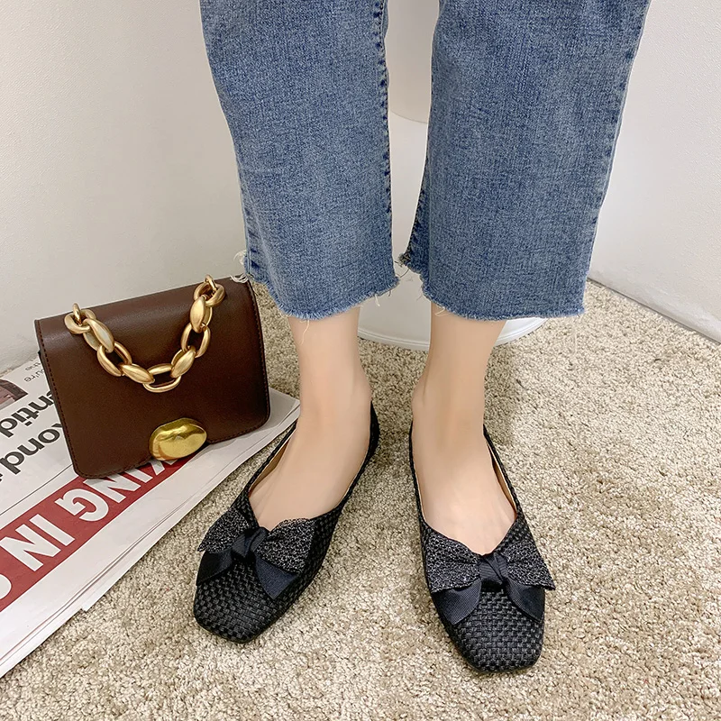 

Boat Shoe Female Footwear Bow-Knot Shallow Mouth Casual Sneaker Square Toe 2021 Fashion Women's Soft All-Match Elegant Dress Sum