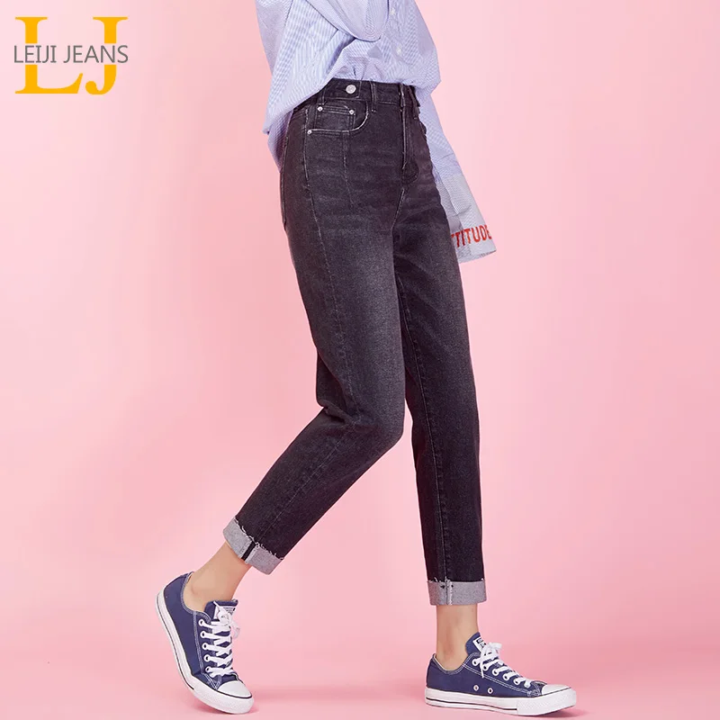 LEIJIJEANS newLarge size women's high waist black harem pants cuffed trousers cool head button fashion ladies jeans 9028 | Женская