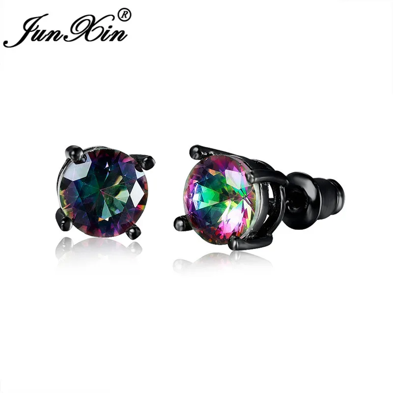 Серьги-гвоздики унисекс круглые 8 мм с разноцветными фианитами | Украшения и