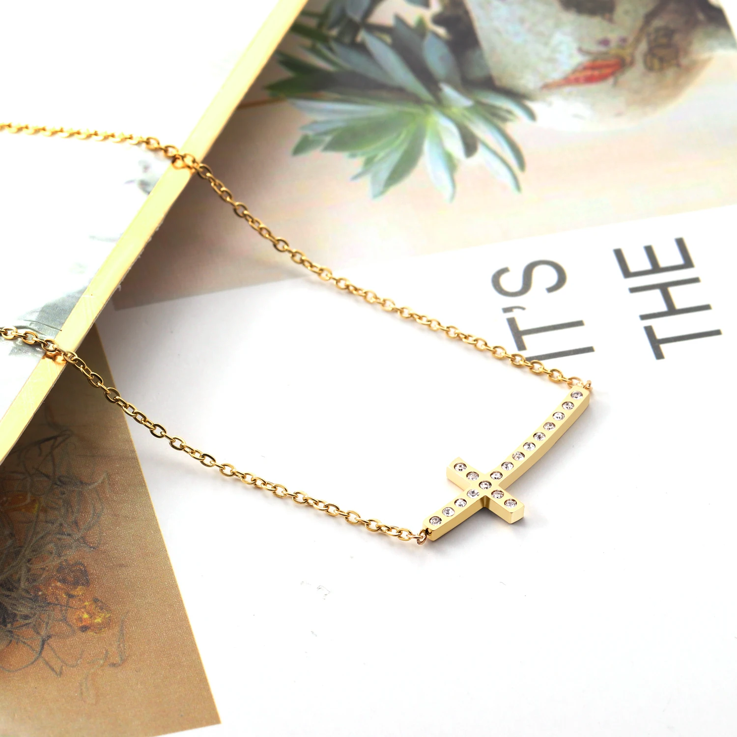 Роскошное стальное ожерелье лучших друзей золотого цвета крест с фианитом кулон