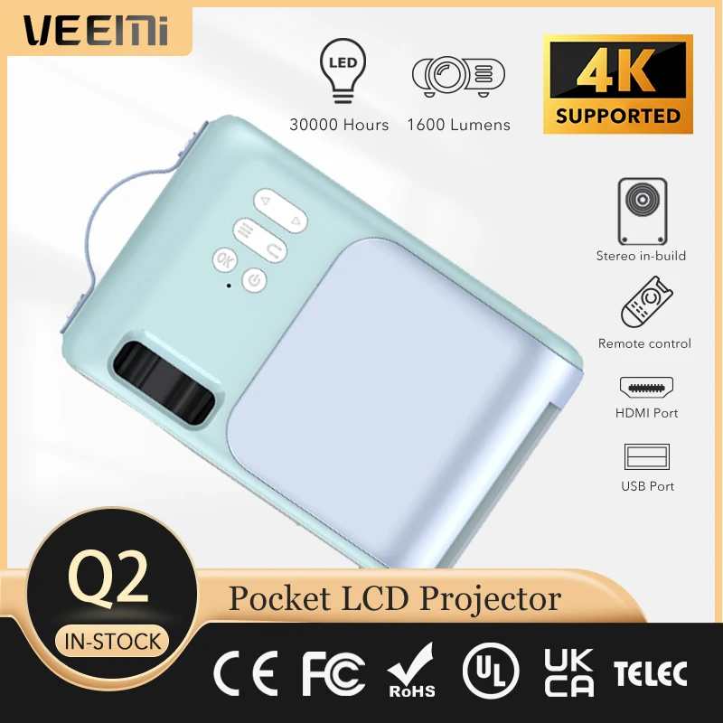 

Free Shipping VEEMI Q2 Mini Portable Projector 1600 Lumens Support 1080p 4K Video LED Beamer for Outdoor Kid Home Movie