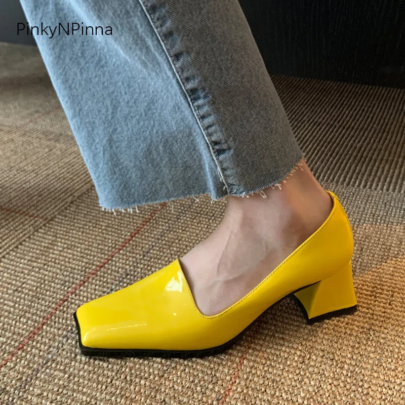 

2021 new summer designer super cute women candy color genuine leather pumps chunky heels square toe slip on party dress shoes