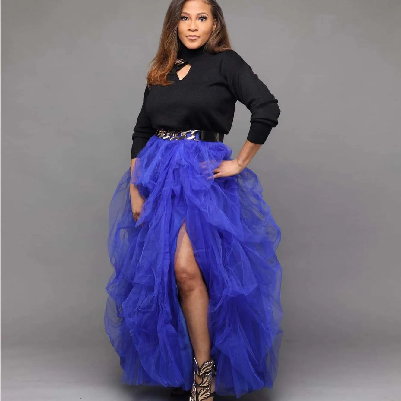 

Blue Simple Elegant Ruffles High Splits Tulle Skirts Plus Size For Women Long Puffy Tulle Skirt Elastic Custom Made
