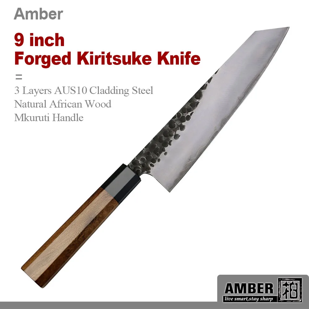 

Amber 9 inch Forged Kiritsuke Knife 3 Layers AUS10 Cladding Steel Japanese knife African Wood Mkuruti Handle Handmade Knife