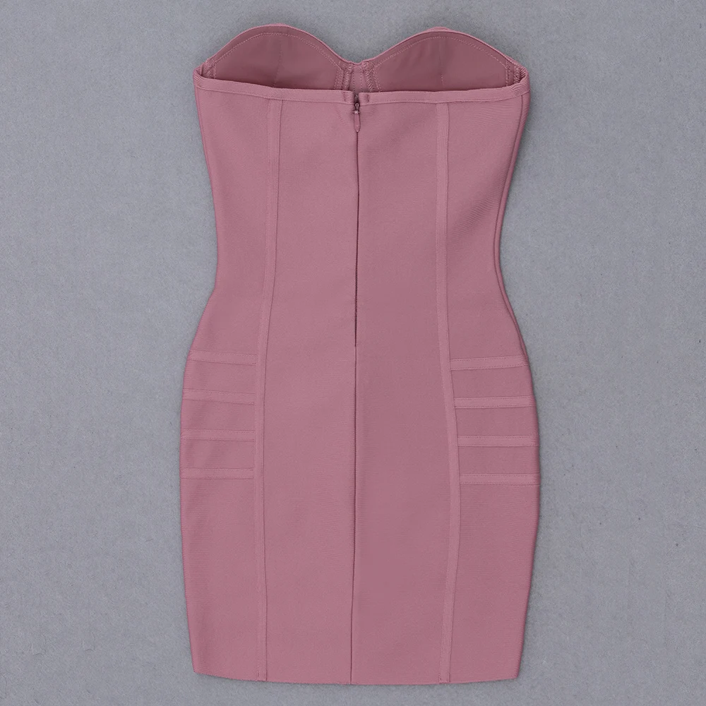 Женское Короткое платье без бретелек розовое облегающее с V-образным вырезом