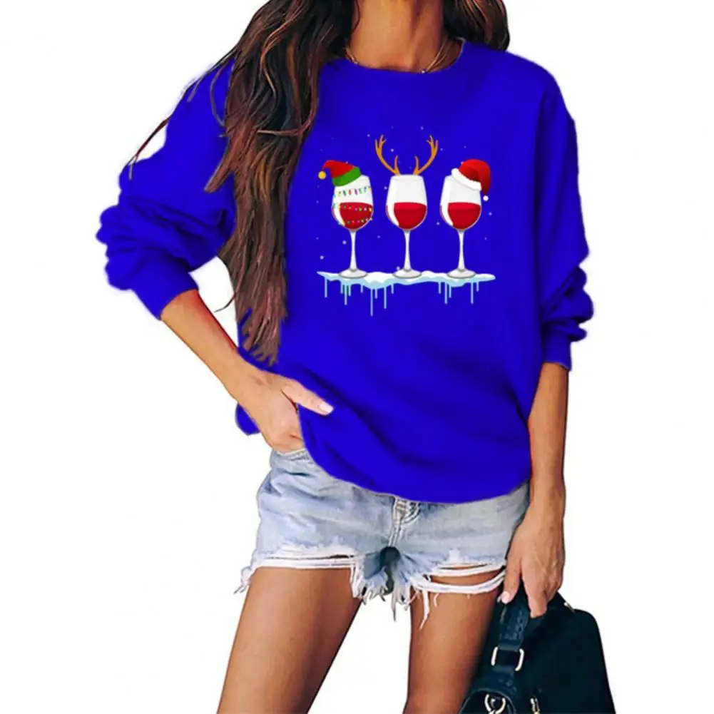 

HOT SALES!!! Women Autumn Winter Long Sleeve Wineglasses Print Christmas Blouse Sweatshirt