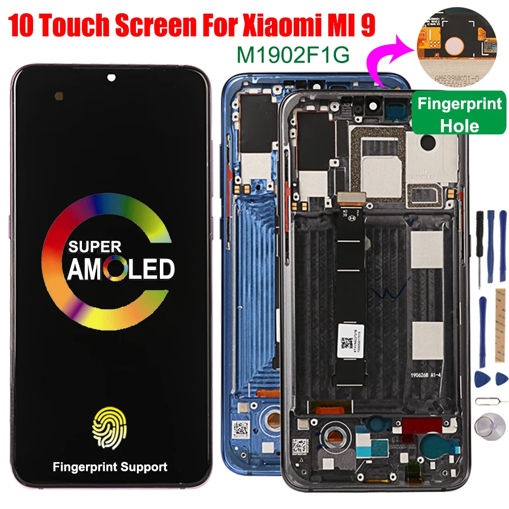 ЖК дисплей Amoled для Xiaomi Mi 9 сенсорный экран со сканером отпечатков пальцев 10
