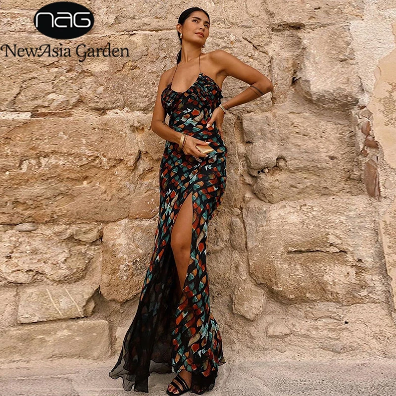 

NewAsia Print Sexy Dress Fashion Chiffon Lining Tie up Side Split Maxi Dresses for Women Party Clothes Casual Street Wear 2020