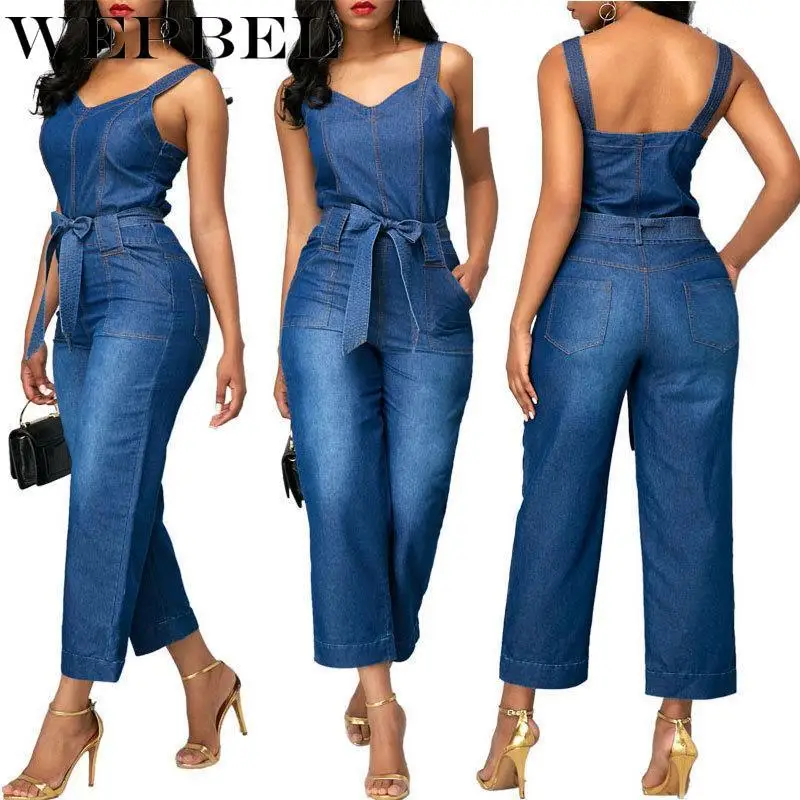 

WEPBEL High Waist Brace Denim Playsuits Pocket Wide Strap Belted Jumpsuit Overalls Womens Fashion Sleeveless Romper