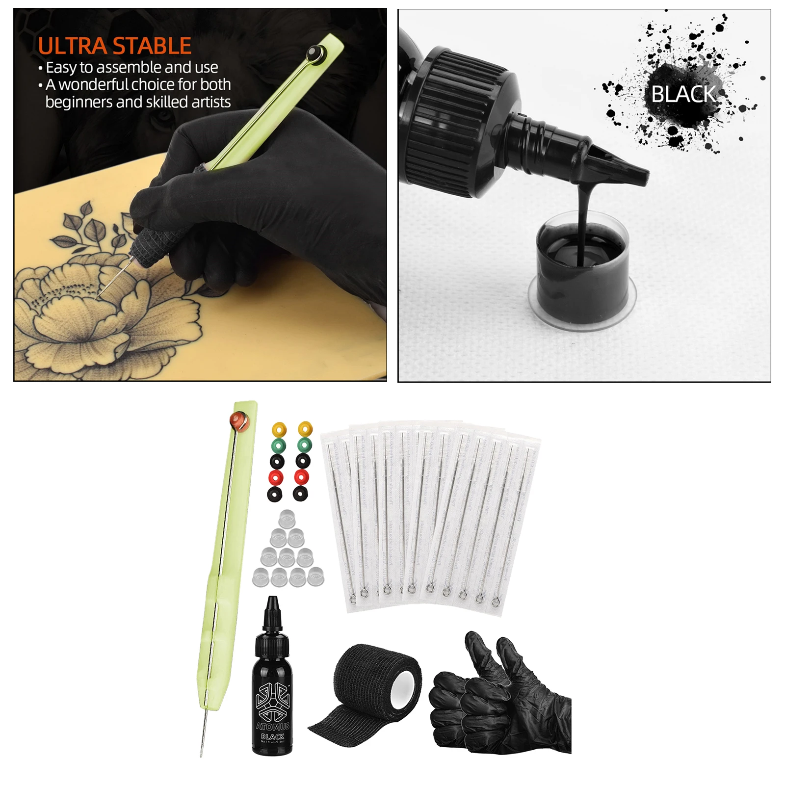 

Hand Poke and Stick Tattoo Complete Kit & 15Pcs Needles Bandage Grommets DIY