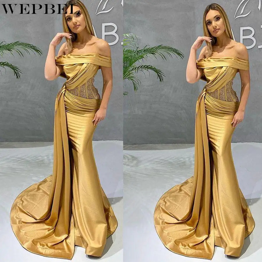

WEPBEL Women's Elegant Satin Party Evening Dress Ladies Sexy Off Shoulder High Waist Corset Bandage Mermaid Wedding Dress