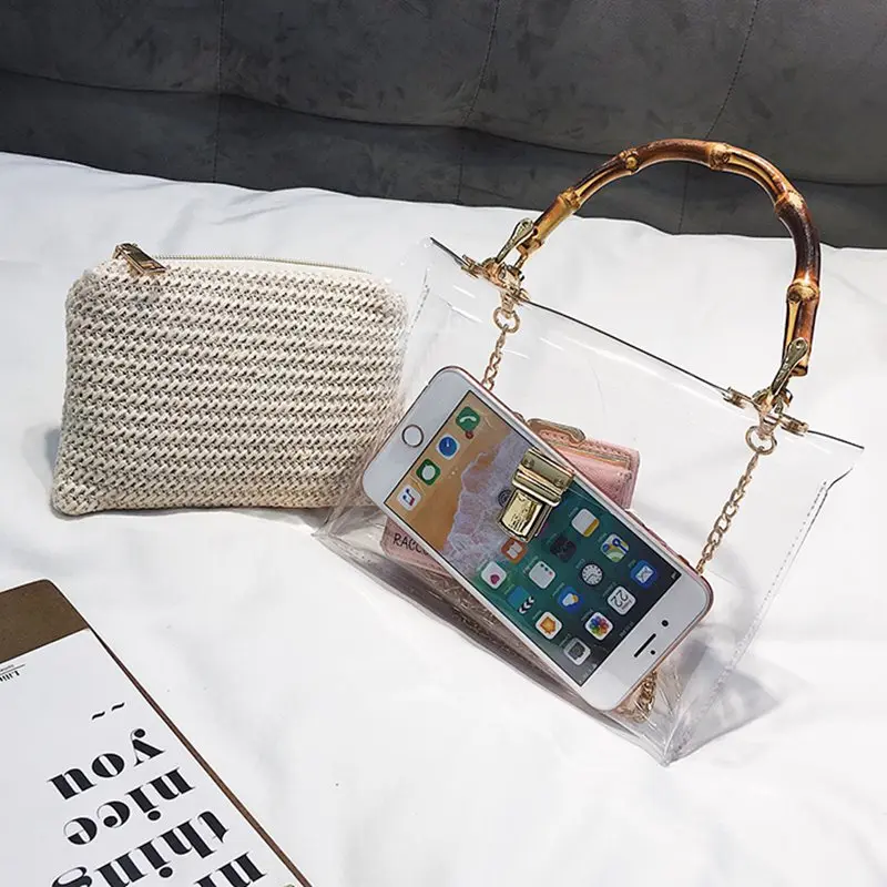 Прозрачная женская сумка с бамбуковой ручкой летняя маленькая Соломенная