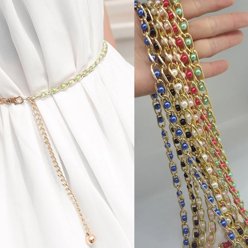 

Fashion Girl Belt Pearl Belt Ladies Dress Accessories Waist Chain Metal Pearl Pendant-6 Color/115cm Clothing Accessories
