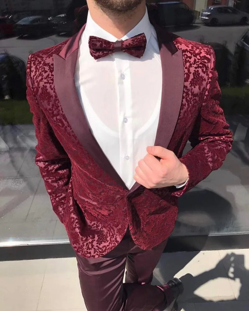 

Custom Made Two Pieces Burgundy Man suit For Wedding Lace Top Groom Tuxedo (Jacket+Pants+Tie)