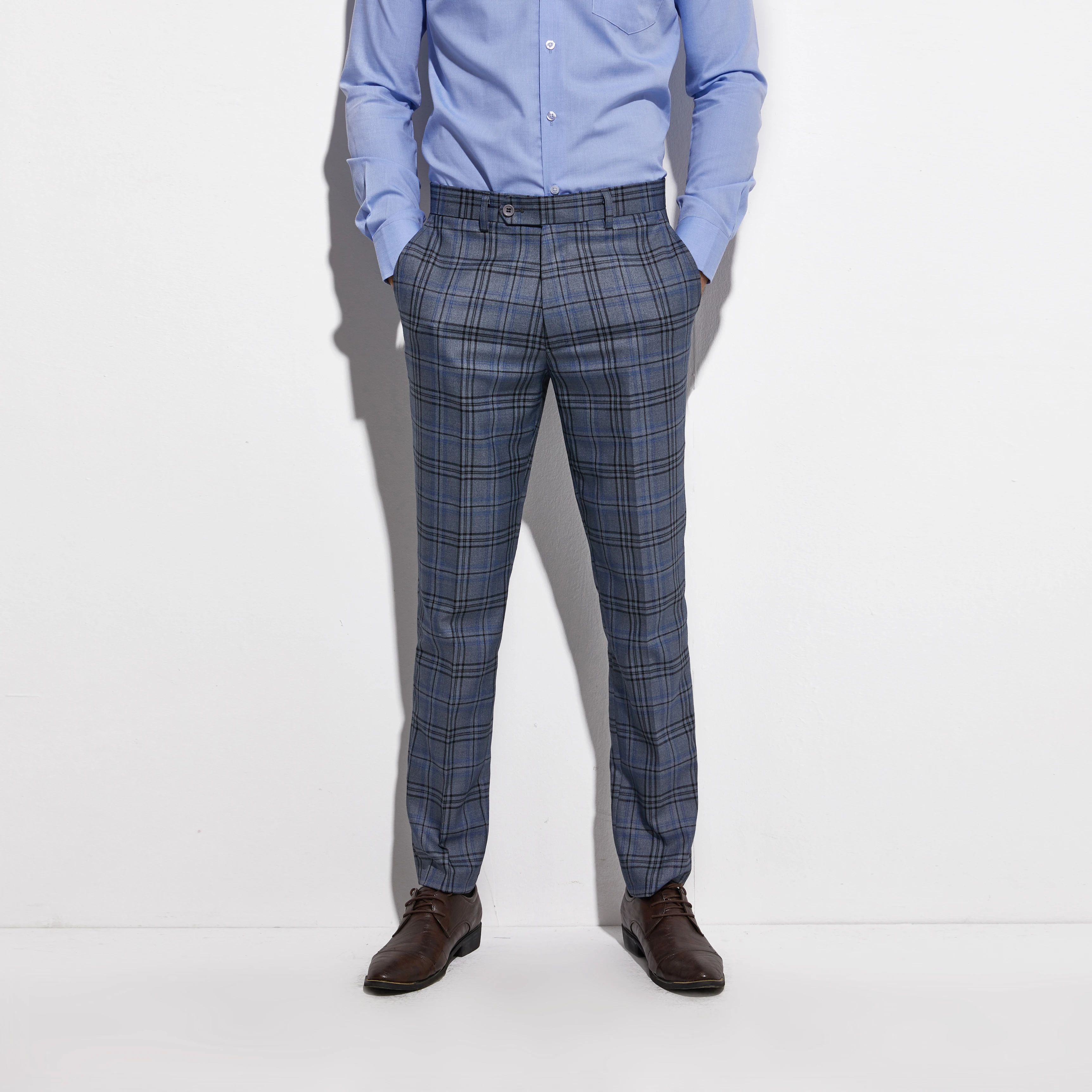 Модные синие серые клетчатые мужской костюм Индивидуальный заказ Slim Fit, в клетку, костюм из двух предметов Повседневное