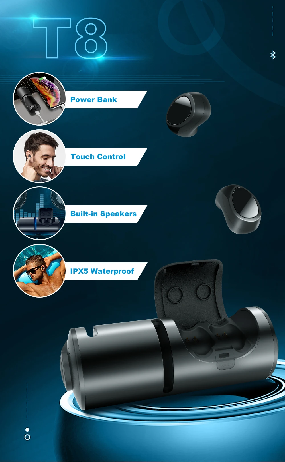Arlado T8 Беспроводной Bluetooth наушники 3-в-1 Bluetooth Динамик мульти-функциональный сенсорный Управление гарнитура с 1200 мАч Мобильный Мощность