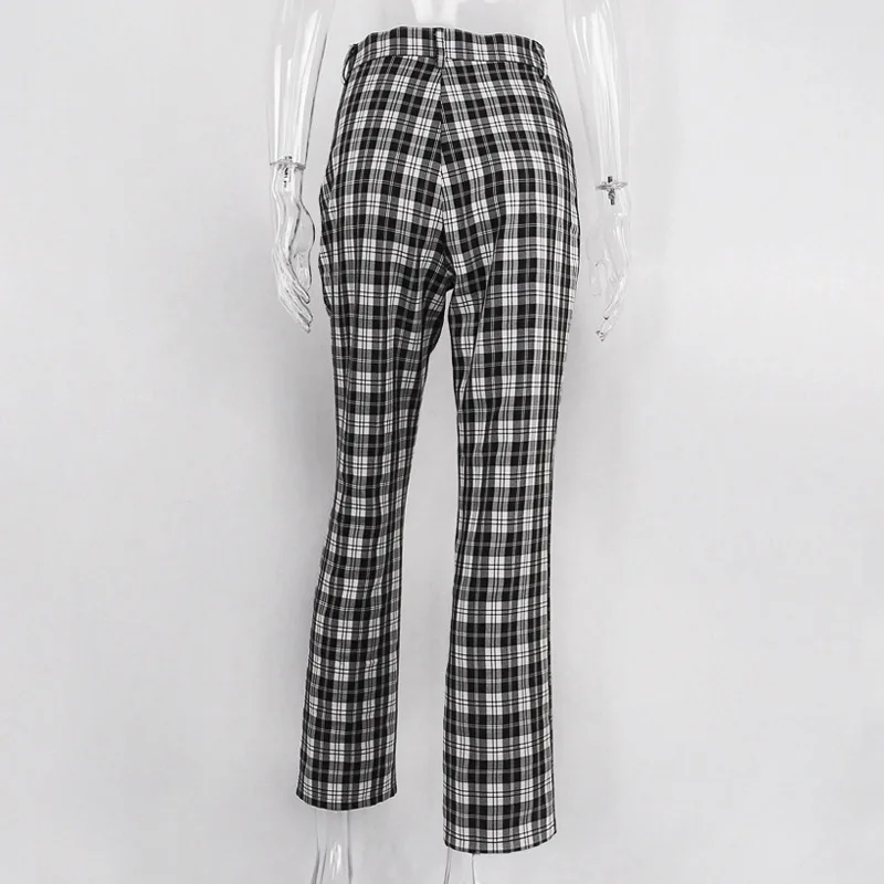 

2019 Women Black Plaid Pants High Waist Front Zipper Flare Pants Female Plaid Trousers Girls Street Boot Cut Slim Trousers