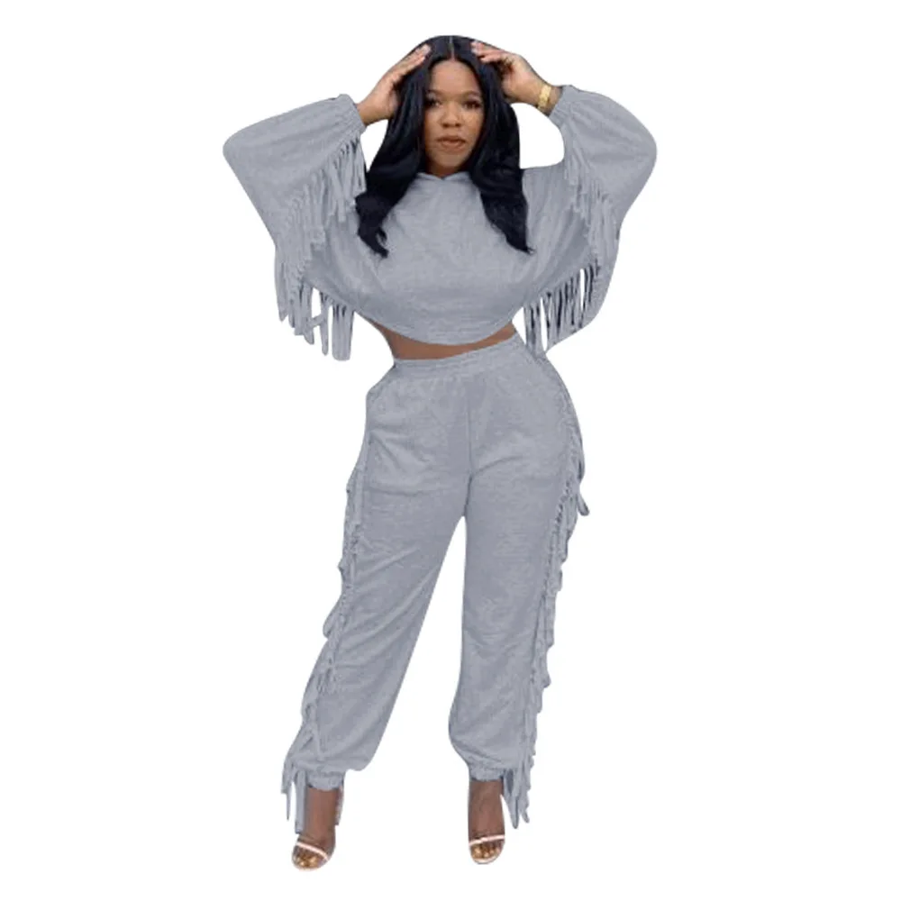 

HAOOHU Women Tracksuit 2 Piece Set Winter Long Sleeve Hoode Crop Top and Sweatpants Outfits Matching Sets Tassel Clothes