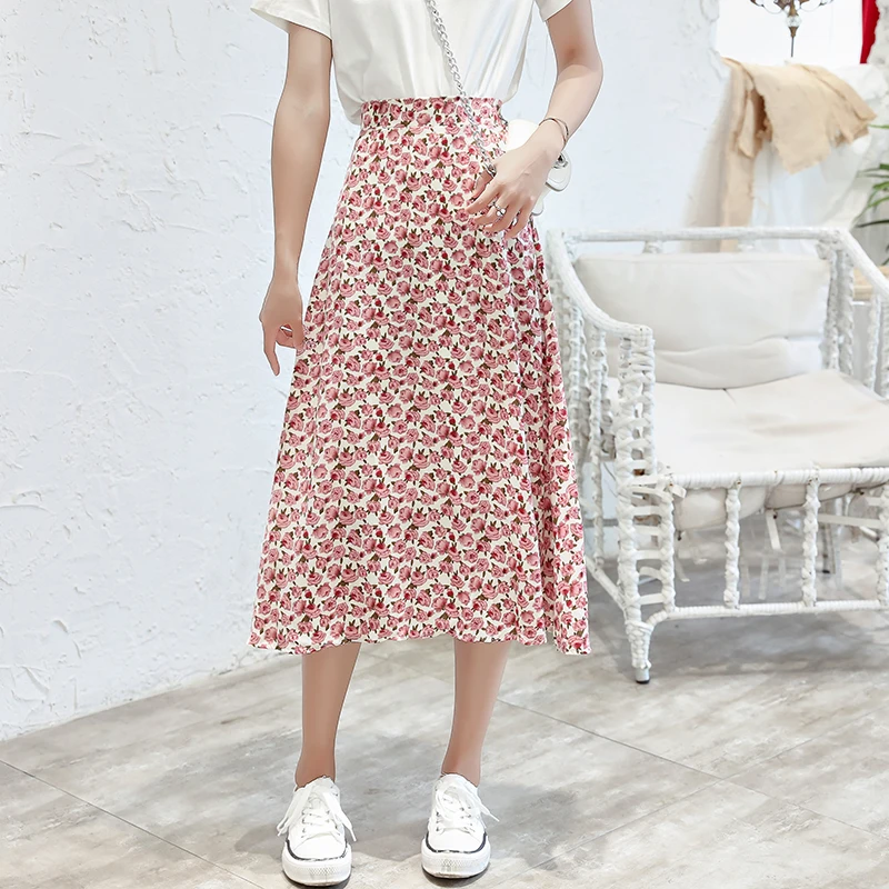 Женская юбка с цветочным принтом летняя и осенняя миди высокой талией