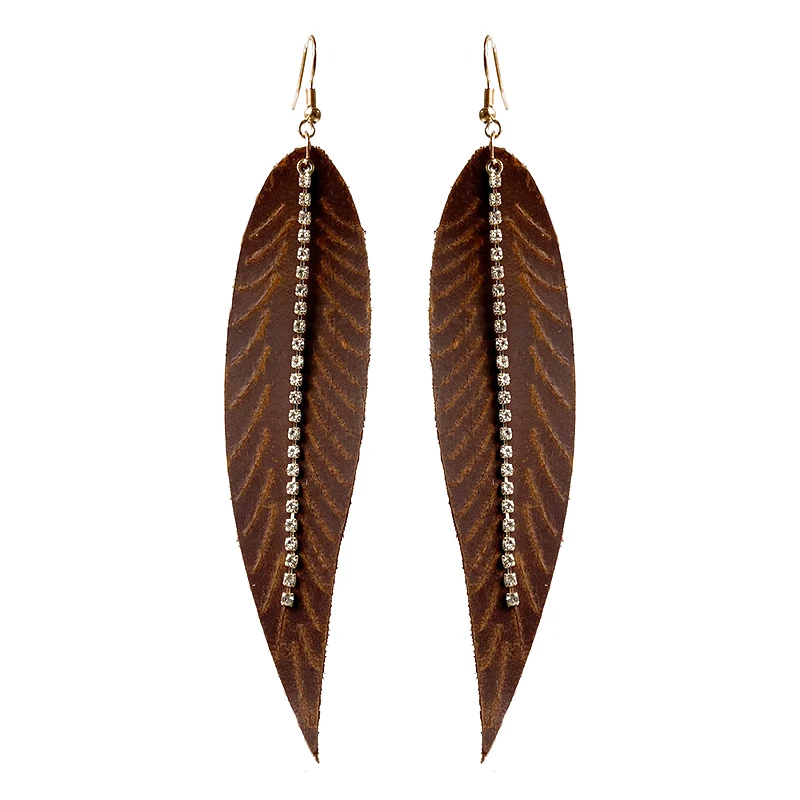 Кожаные серьги в форме листа для женщин длинные циркониевые серьги-цепочки с
