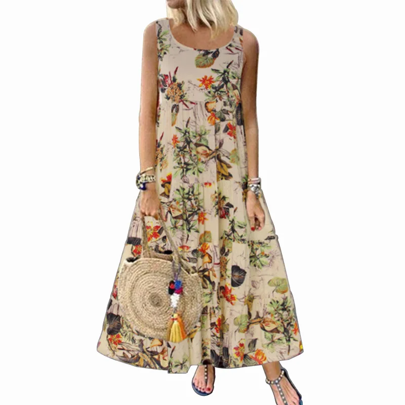 

Printed Loose Dress Women's Fashion Casual Vintage Party Dress Plus Size Summer All-match Plus Size Beach Dresses A-LINE M
