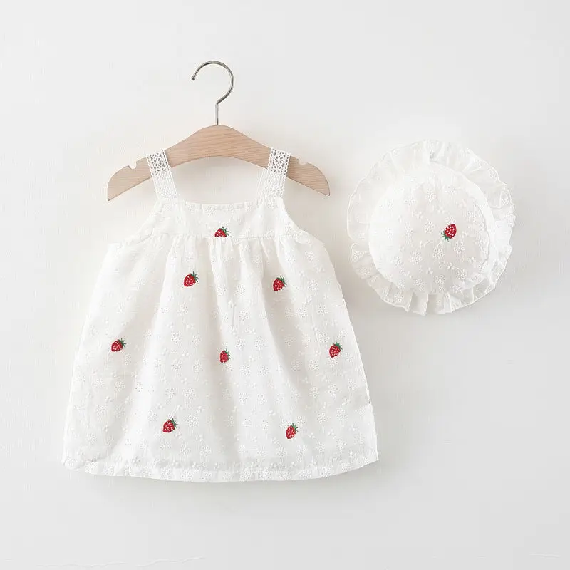 

2PCS/Set Baby Girls Dress with Hat Summer New Cotton Straped Strawberry Embroidery Lace Princess Dresses Cute Kids Clothes