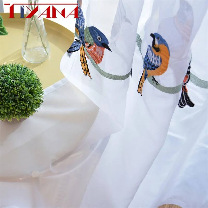 Американская пасторальная полузатемняющая занавеска с вышитыми птицами