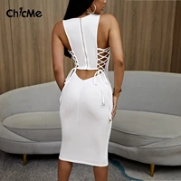 chicme summer women midi zipper design cut out back lace up bodycon dress sexy sleeveless u neck night club party dress robe