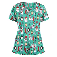 christmas pet grooming staff workwear scrub tops women short sleeve uniform v neck doctor overalls pocket blouse enfermeria a50