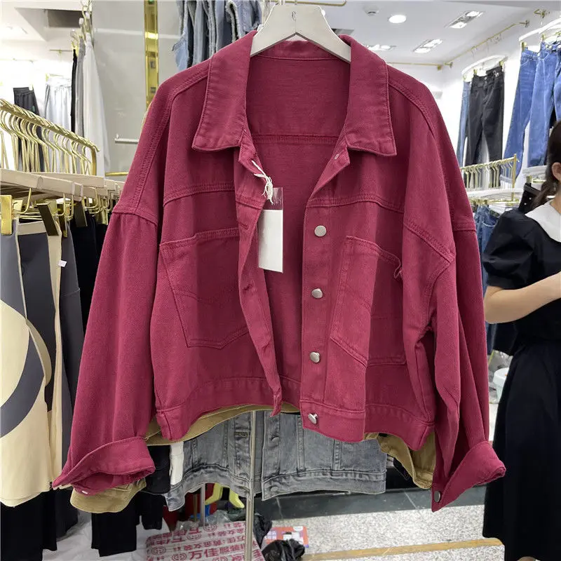 

Wine Red Women Denim Clothes Korea-style New Spring Autumn Denim Jacket Loose Turn Down Collar Full Sleeve Students Jean Coat