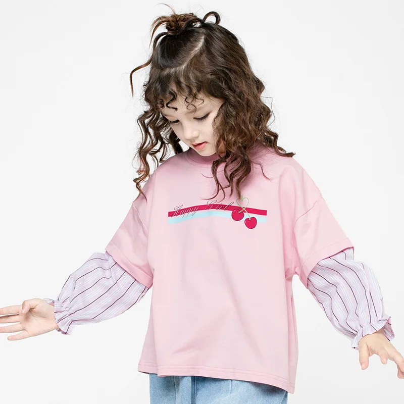 

MudiPanda 2021 Spring T-Shirts For Girls Long Sleeve Fake Two-Piece Striped Sleeve Cherry Print Tops Kids Clothes 2 To 8 Years