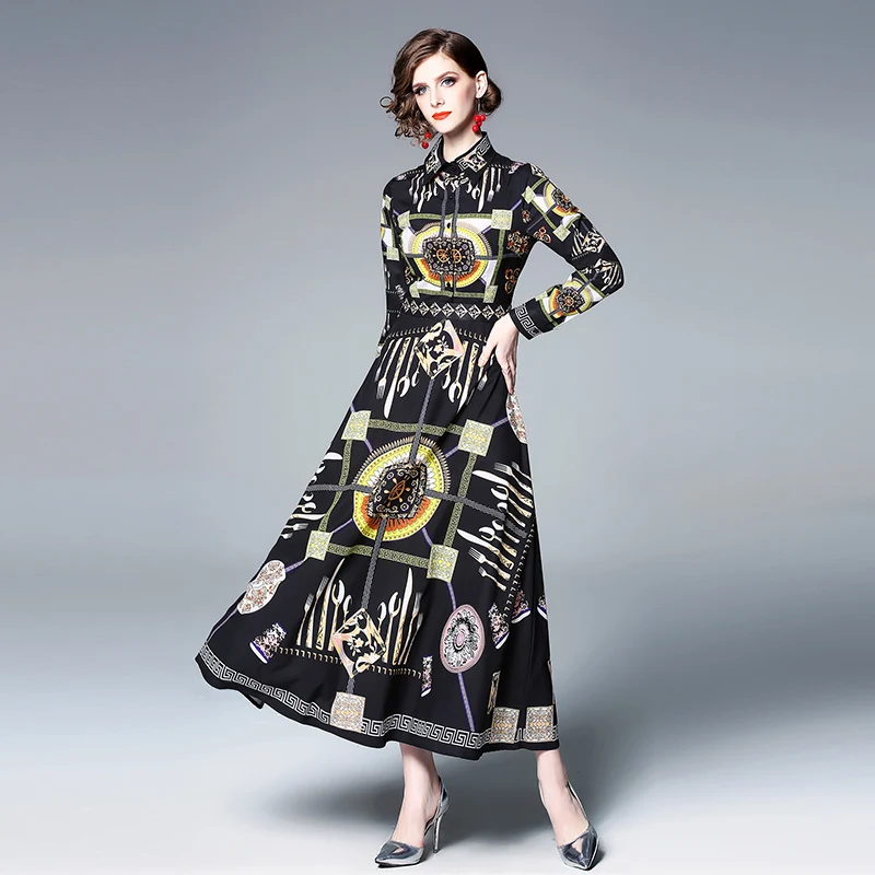 

2021 Early Spring New Fashion Temperament Retro Vestidos Female Lapel Totem Print Literary Fan Midi Dress DK179